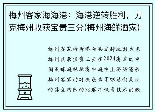 梅州客家海海港：海港逆转胜利，力克梅州收获宝贵三分(梅州海鲜酒家)