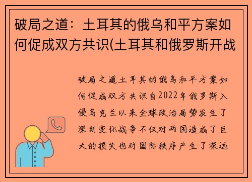 破局之道：土耳其的俄乌和平方案如何促成双方共识(土耳其和俄罗斯开战)