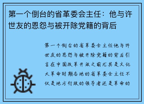 第一个倒台的省革委会主任：他与许世友的恩怨与被开除党籍的背后