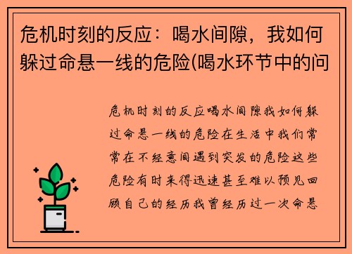 危机时刻的反应：喝水间隙，我如何躲过命悬一线的危险(喝水环节中的问题诊断与应对)